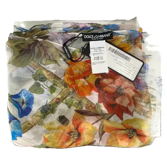 Dolce & Gabbana Floral Printed luxury lightweight silk scarf Shawl Orange Multi - Picture 9 of 9